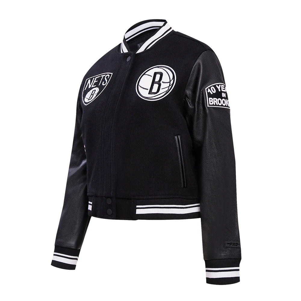NBA BROOKLYN NETS RETRO CLASSIC WOMEN'S RIB WOOL VARSITY JACKET (BLACK) - Image 2