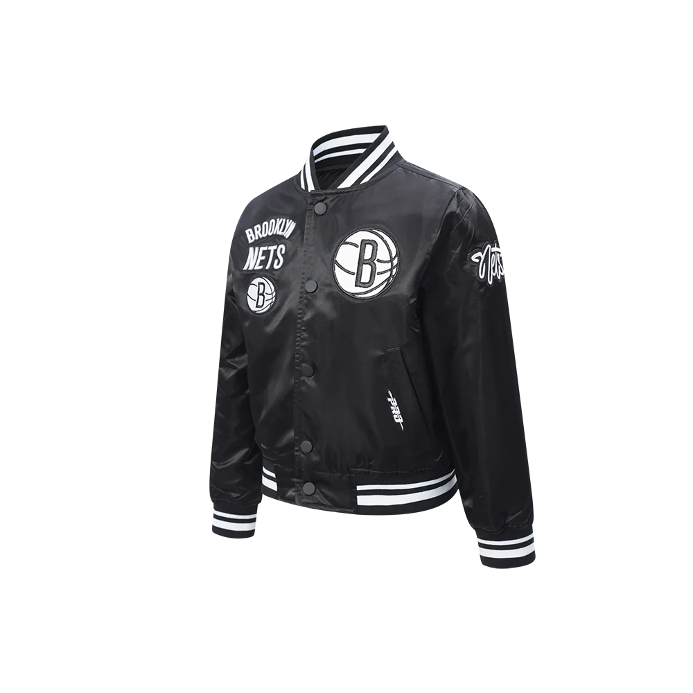NBA BROOKLYN NETS RETRO CLASSIC LITTLE BOYS RIB SATIN JACKET (BLACK/GRAY) - Image 2