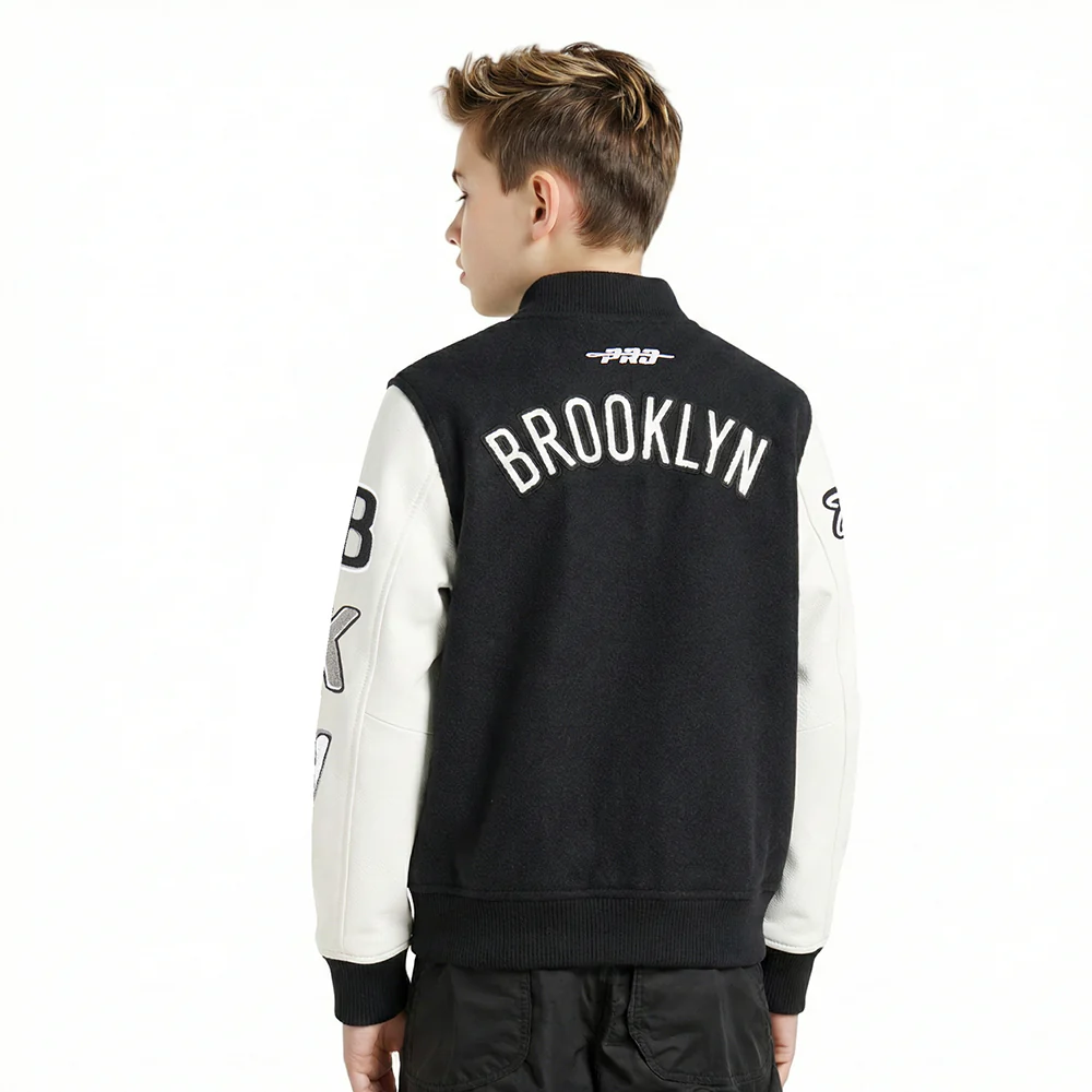 NBA BROOKLYN NETS CLASSIC LITTLE BOYS WOOL VARSITY JACKET (BLACK/WHITE) - Image 2