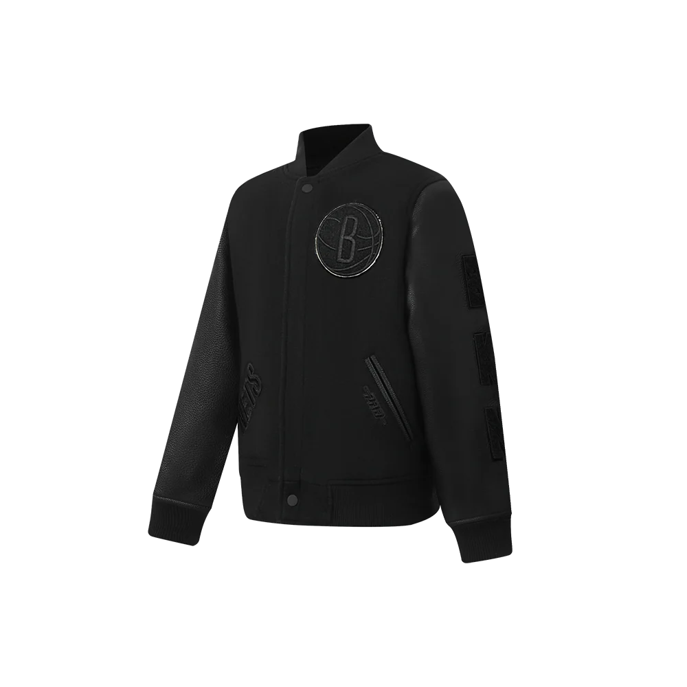 NBA BROOKLYN NETS TRIPLE BLACK LITTLE BOYS WOOL VARSITY JACKET (JET BLACK) - Image 2