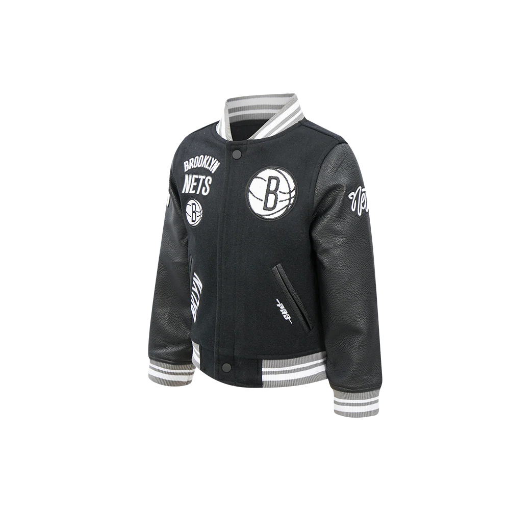 NBA BROOKLYN NETS RETRO CLASSIC LITTLE BOYS RIB WOOL VARSITY JACKET (BLACK/GRAY) - Image 2