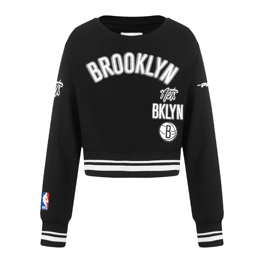 NBA BROOKLYN NETS RETRO CLASSIC LITTLE GIRLS RIB FLEECE CREWNECK (BLACK)