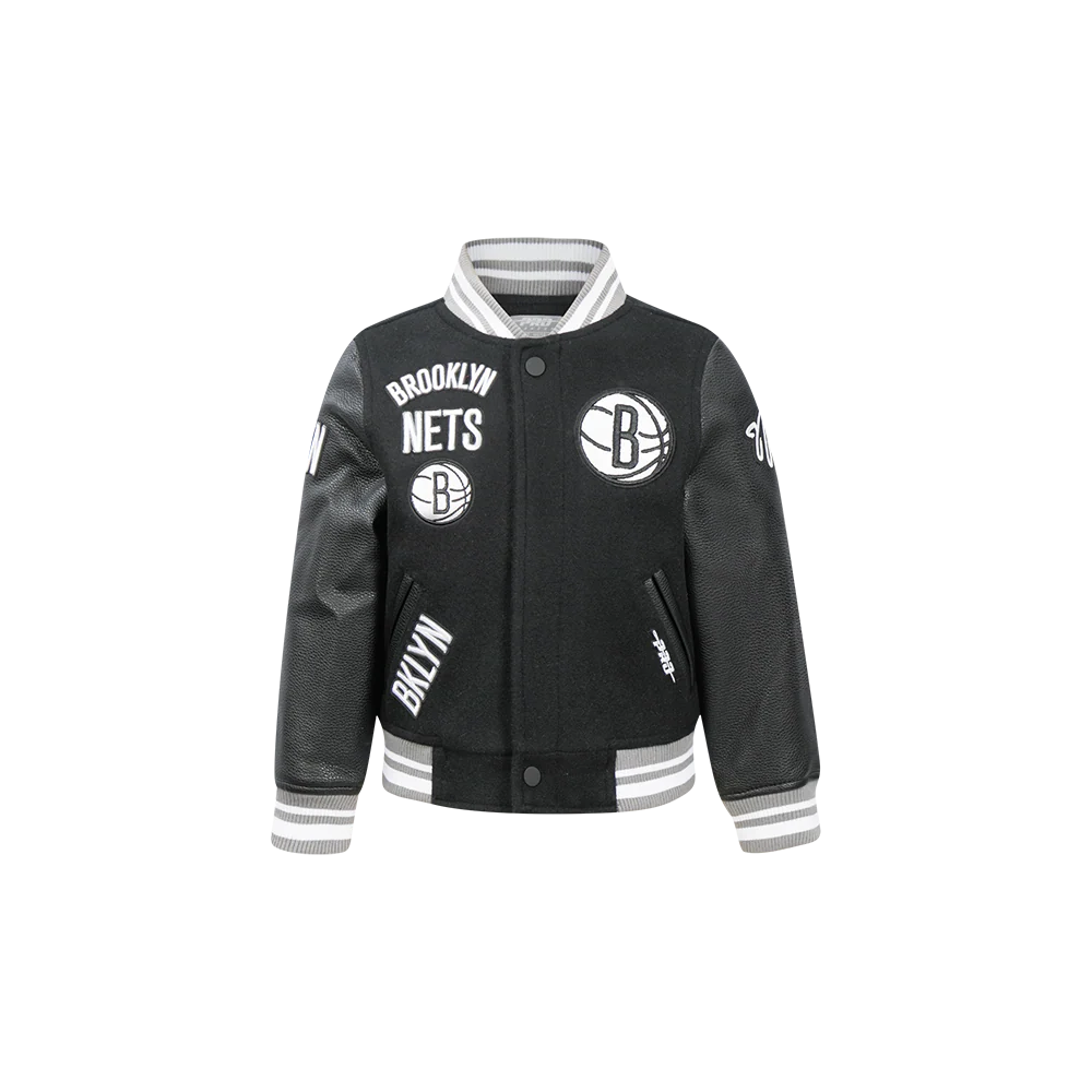 NBA BROOKLYN NETS RETRO CLASSIC TODDLER BOYS RIB WOOL VARSITY JACKET (BLACK/GRAY)