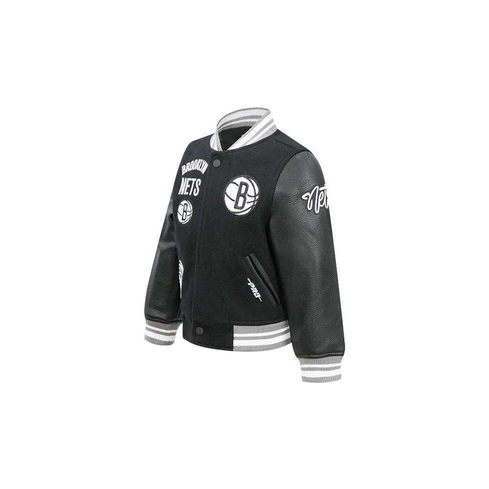 NBA BROOKLYN NETS RETRO CLASSIC TODDLER BOYS RIB WOOL VARSITY JACKET (BLACK/GRAY) - Image 2