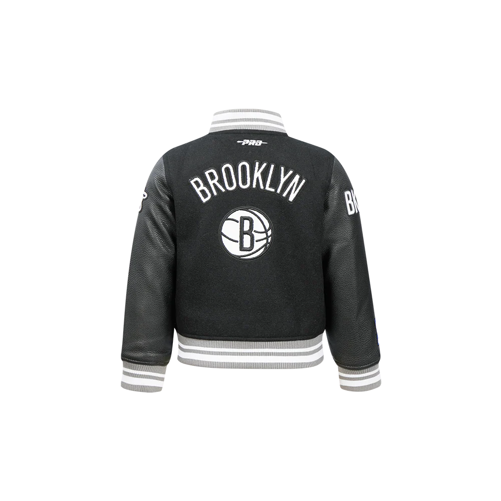 NBA BROOKLYN NETS RETRO CLASSIC TODDLER BOYS RIB WOOL VARSITY JACKET (BLACK/GRAY) - Image 3