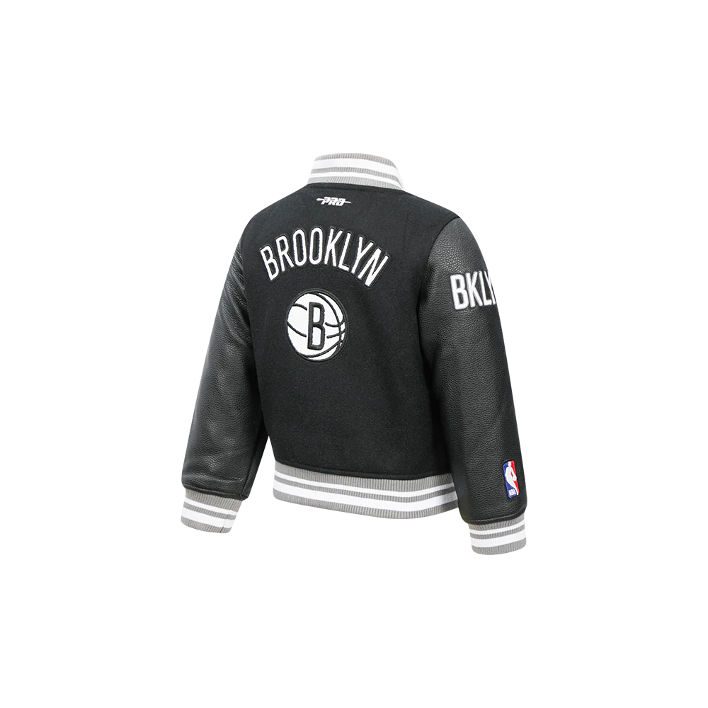 NBA BROOKLYN NETS RETRO CLASSIC TODDLER BOYS RIB WOOL VARSITY JACKET (BLACK/GRAY) - Image 4