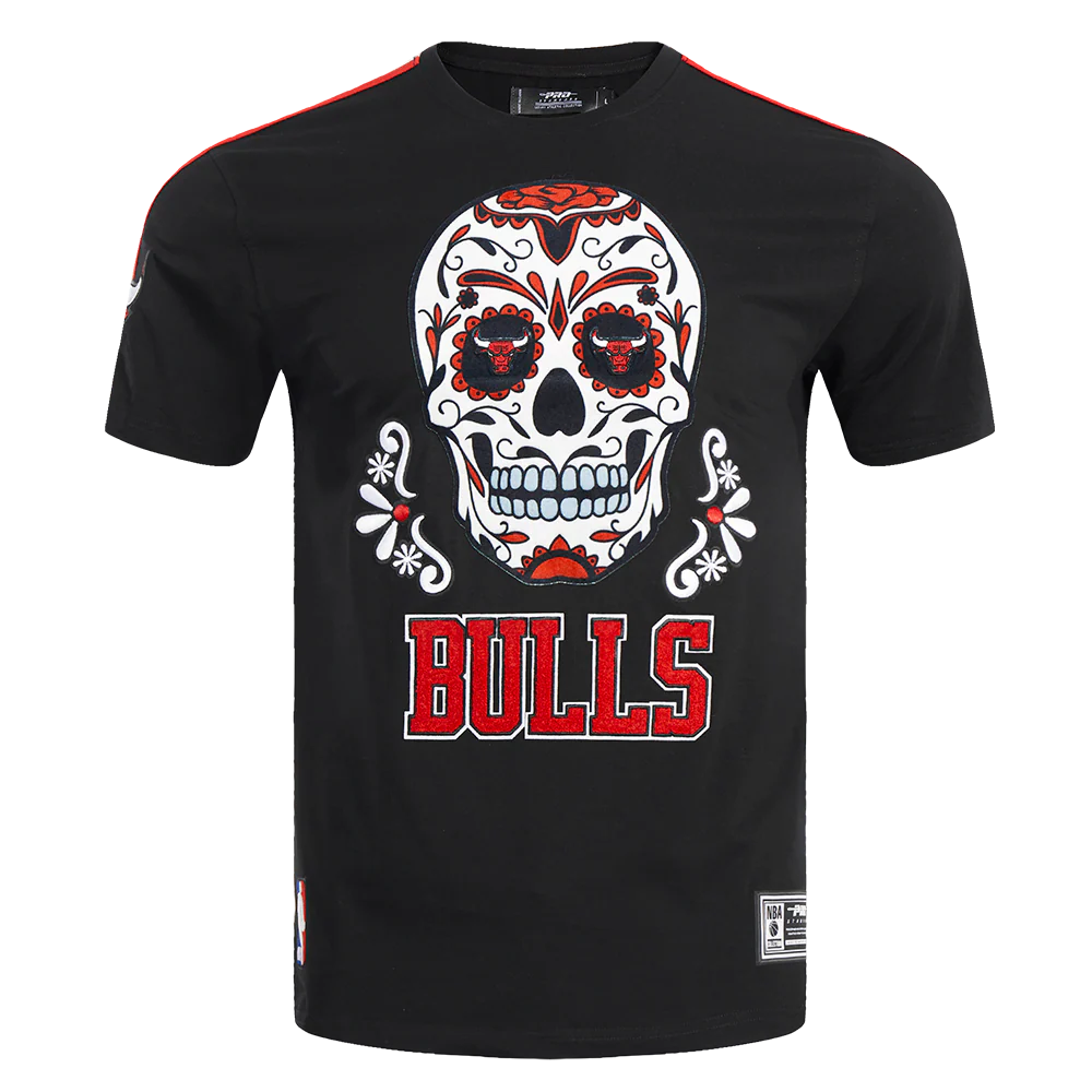 NBA CHICAGO BULLS SUGAR SKULL MEN'S SINGLE JERSEY STRIPED TEE (BLACK/RED)