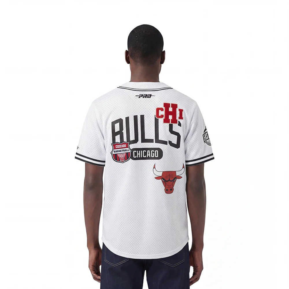 NBA CHICAGO BULLS LETTERMAN MEN'S BUTTON DOWN MESH TOP (WHITE/BLACK/WHITE) - Image 2