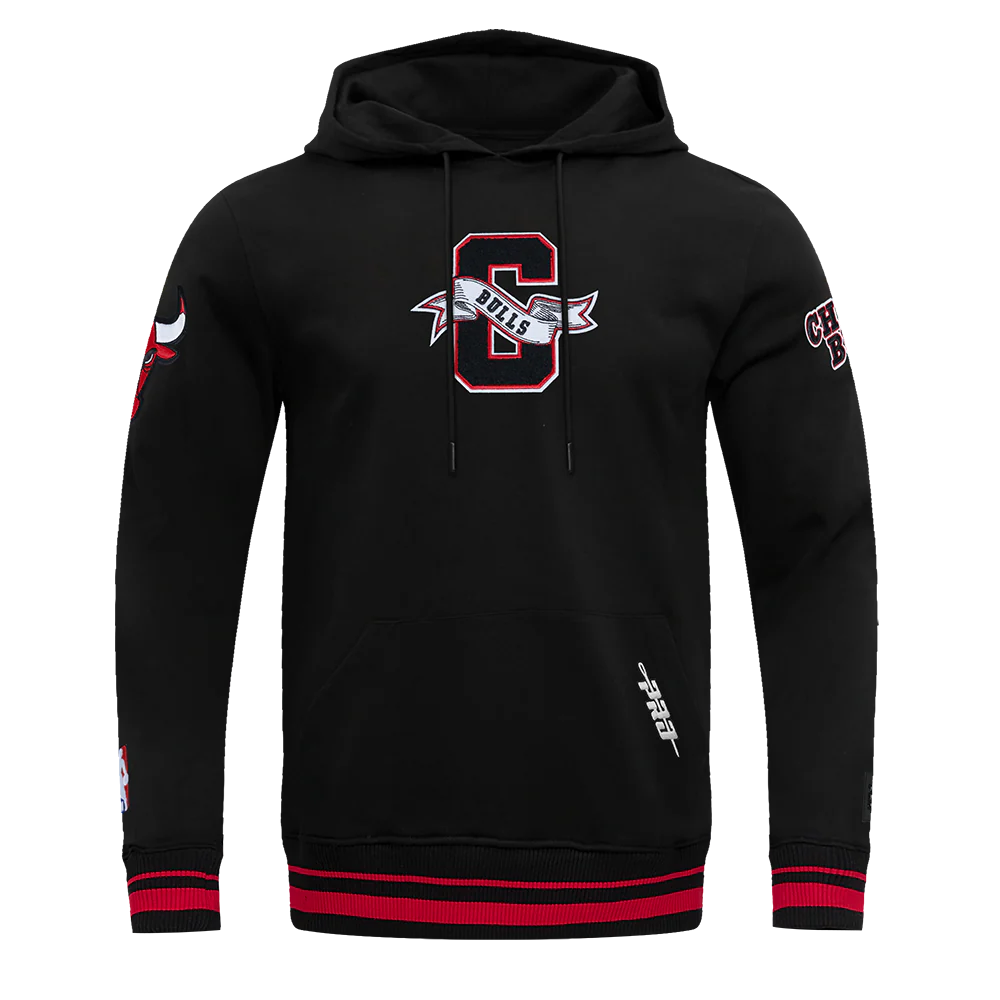 NBA CHICAGO BULLS TEAM PENNANTS MEN'S RIB FLEECE PULLOVER HOODIE (BLACK/RED/BLACK)