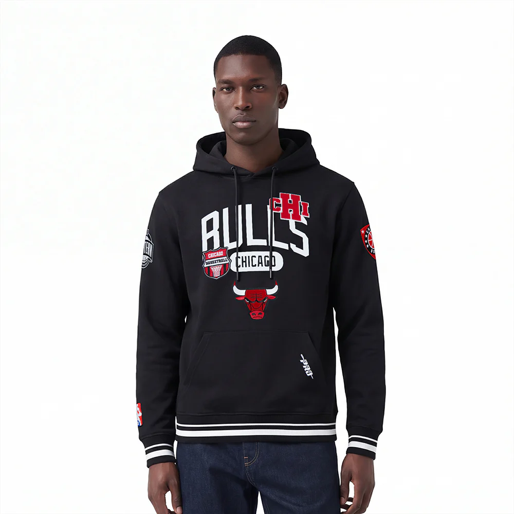NBA CHICAGO BULLS LETTERMAN MEN'S PULL OVER HOODIE (BLACK)