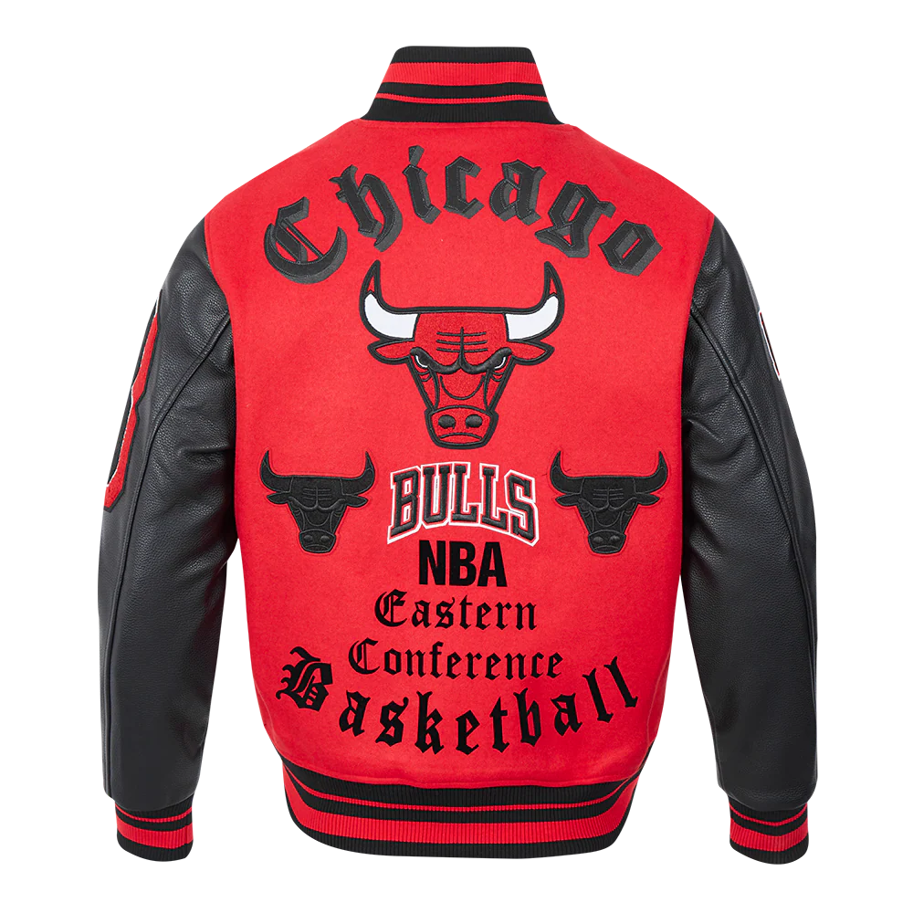 NBA CHICAGO BULLS OLD ENGLISH MEN'S RIB WOOL VARSITY JACKET (RED/BLACK) - Image 3