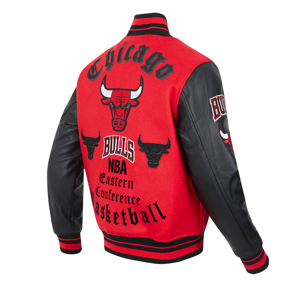 NBA CHICAGO BULLS OLD ENGLISH MEN'S RIB WOOL VARSITY JACKET (RED/BLACK) - Image 4