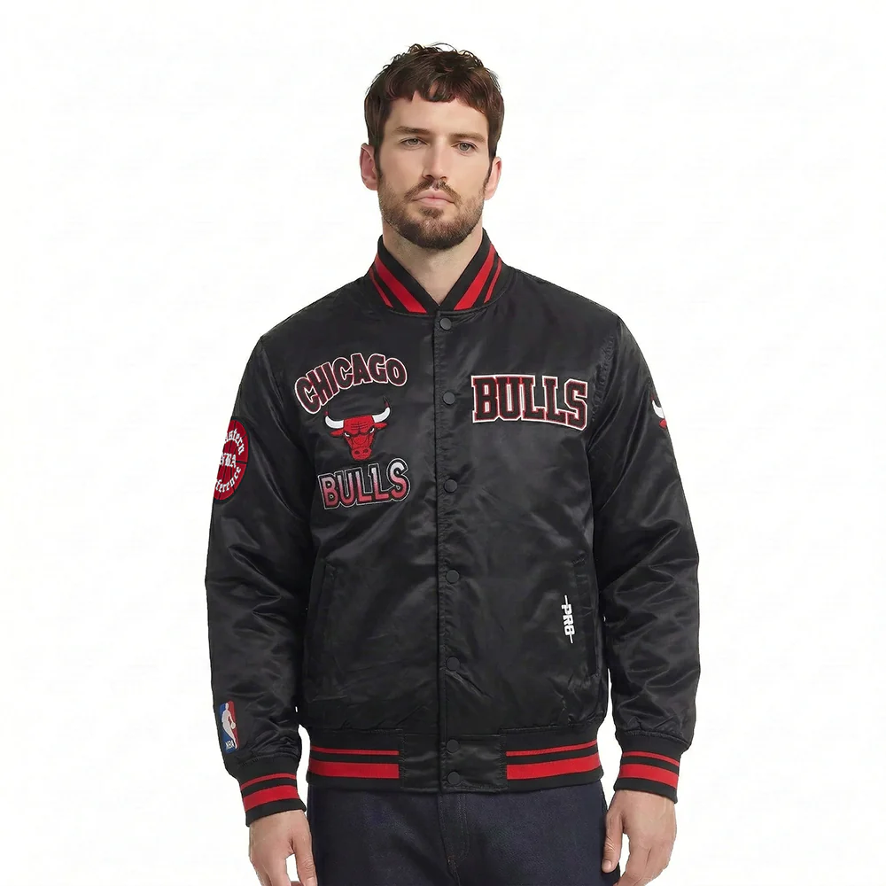 NBA CHICAGO BULLS TURN IT UP MEN'S RIB SATIN JACKET (BLACK/RED/BLACK)