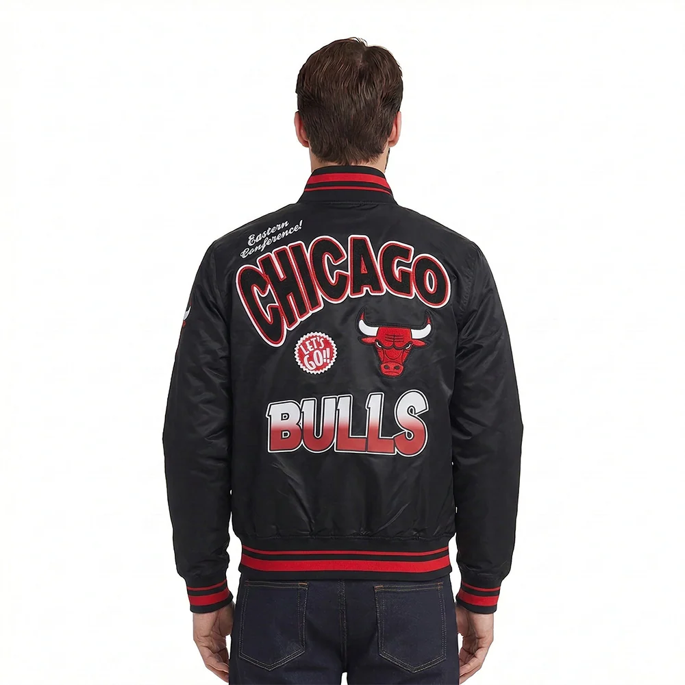 NBA CHICAGO BULLS TURN IT UP MEN'S RIB SATIN JACKET (BLACK/RED/BLACK) - Image 2
