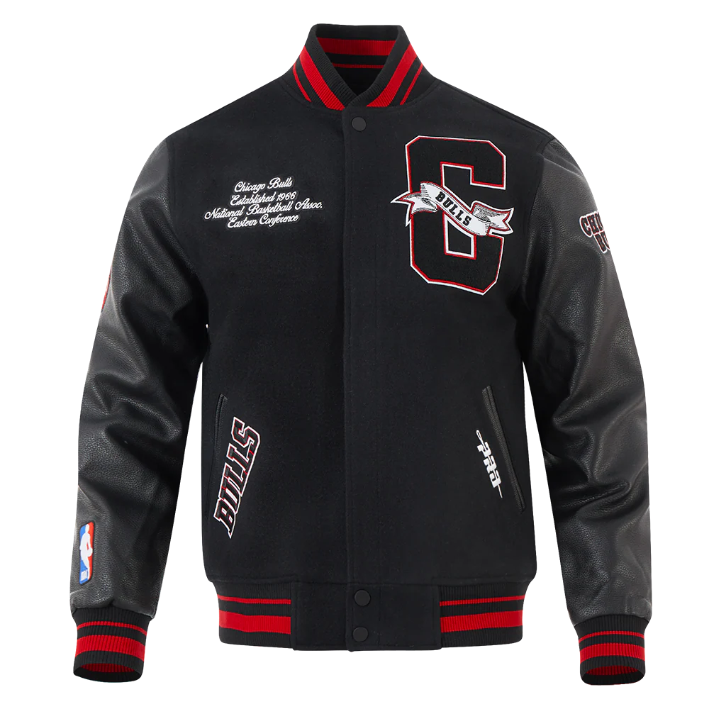 NBA CHICAGO BULLS TEAM PENNANTS MEN'S RIB WOOL VARSITY JACKET (BLACK/RED/BLACK)