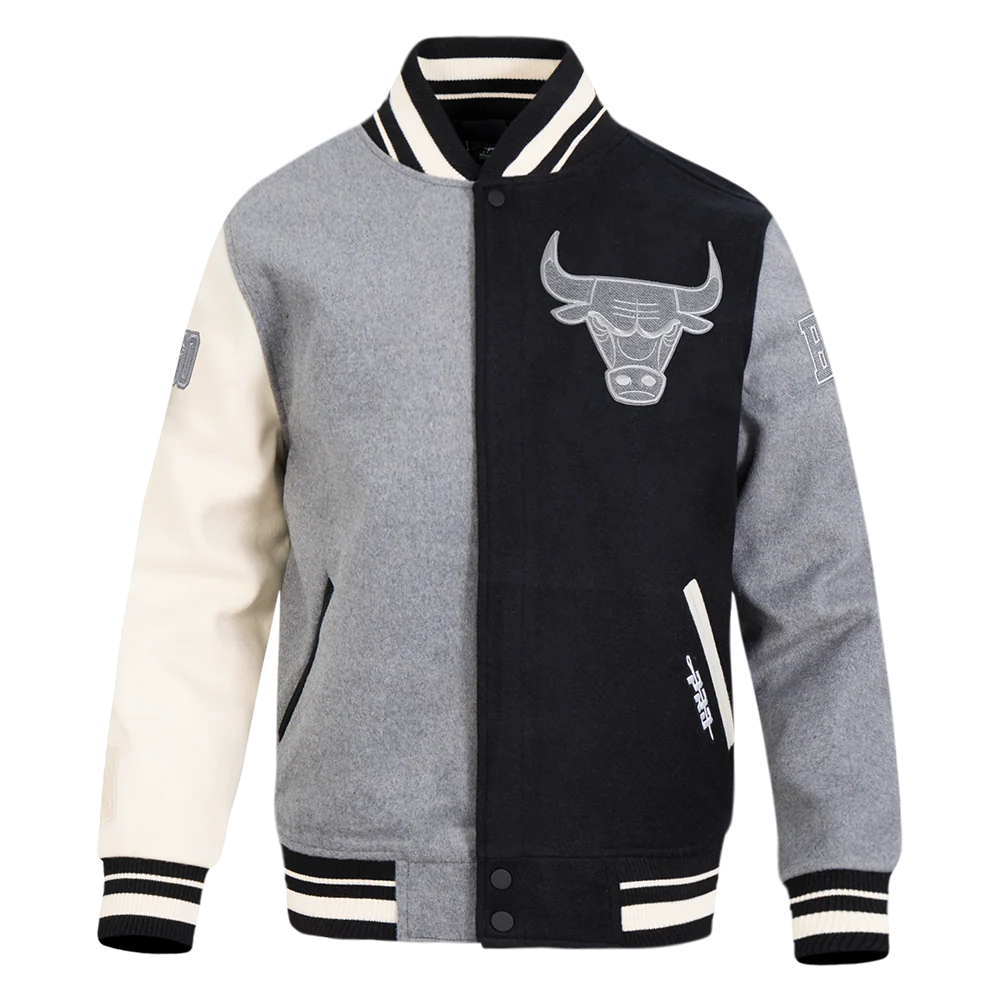 NBA CHICAGO BULLS REVERSE FRENCH TERRY MEN'S COLOR BLOCK WOOL VARSITY JACKET (BLACK/GRAY/EGGSHELL)