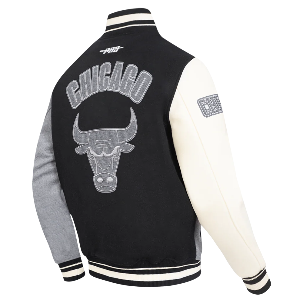 NBA CHICAGO BULLS REVERSE FRENCH TERRY MEN'S COLOR BLOCK WOOL VARSITY JACKET (BLACK/GRAY/EGGSHELL) - Image 4
