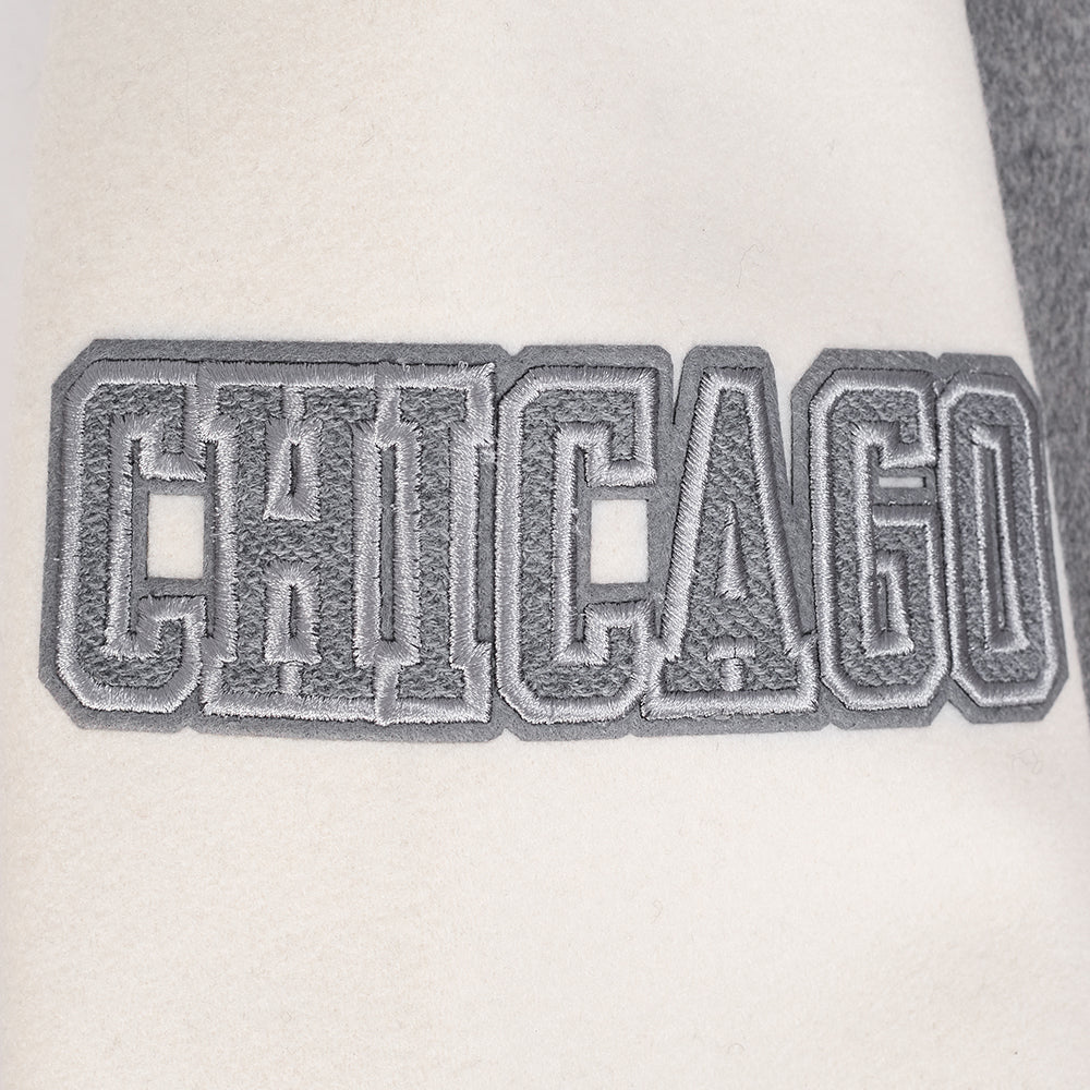 NBA CHICAGO BULLS REVERSE FRENCH TERRY MEN'S COLOR BLOCK WOOL VARSITY JACKET (BLACK/GRAY/EGGSHELL) - Image 7