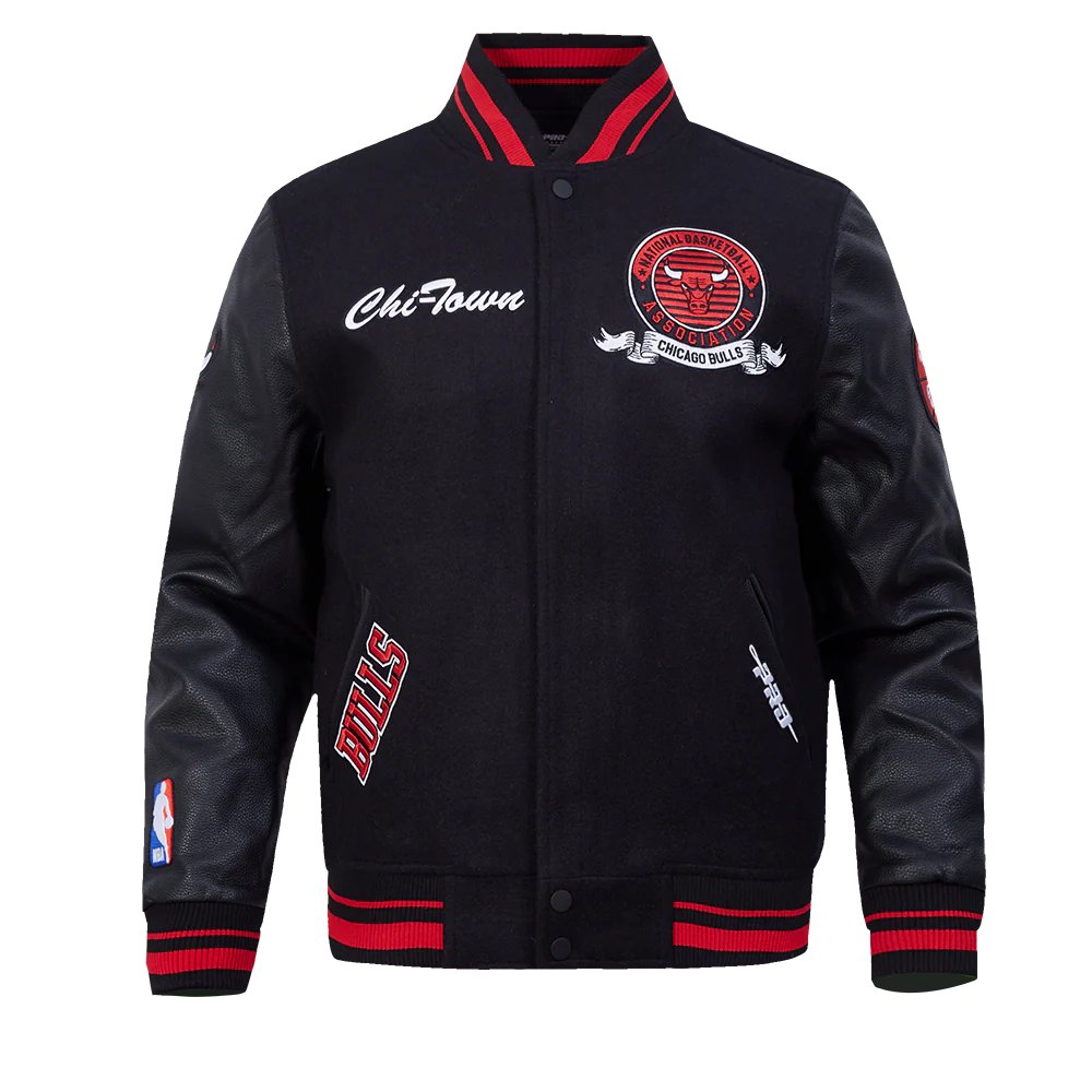 NBA CHICAGO BULLS TEAM BADGE MEN'S RIB WOOL VARSITY JACKET (BLACK/RED/BLACK)