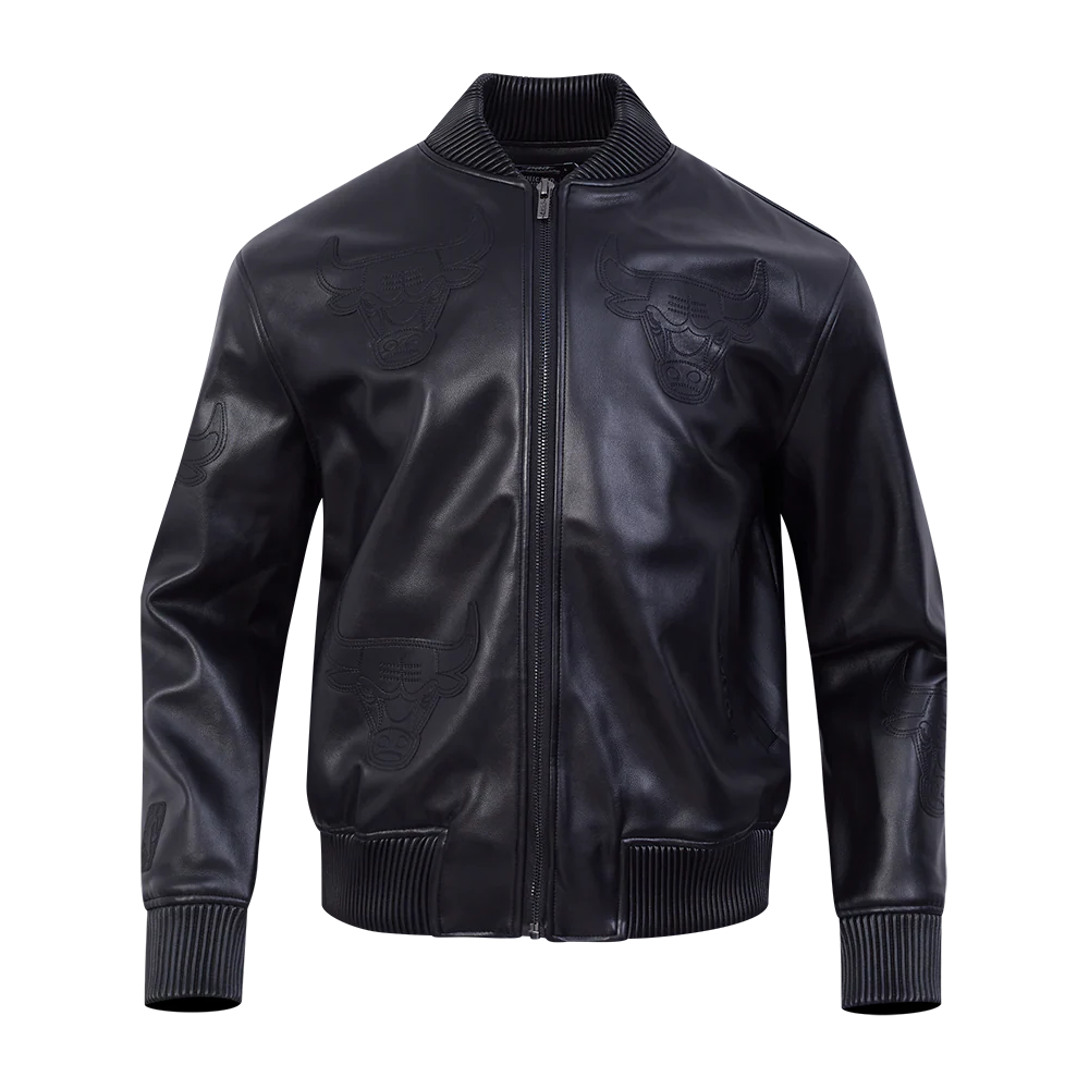 NBA CHICAGO BULLS WASHED VANGUARD MEN'S LEATHER VARSITY JACKET (JET BLACK)