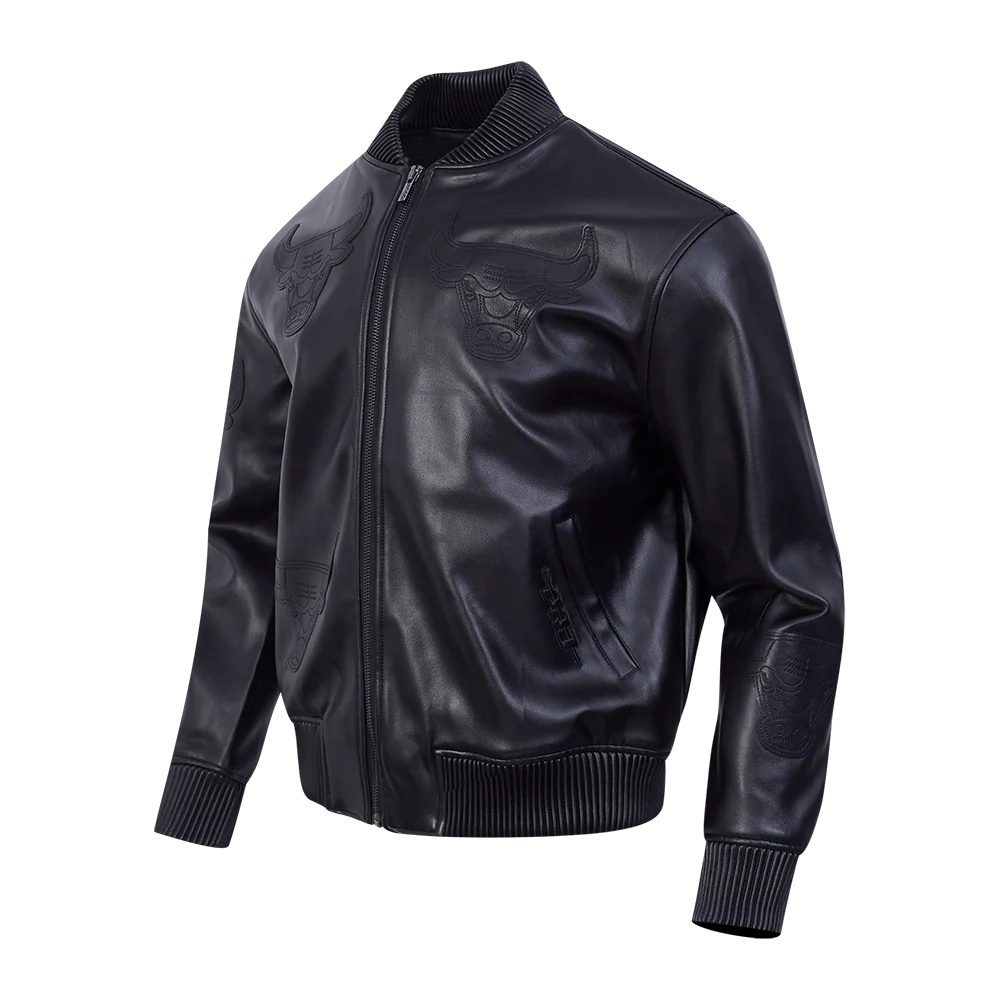NBA CHICAGO BULLS WASHED VANGUARD MEN'S LEATHER VARSITY JACKET (JET BLACK) - Image 2