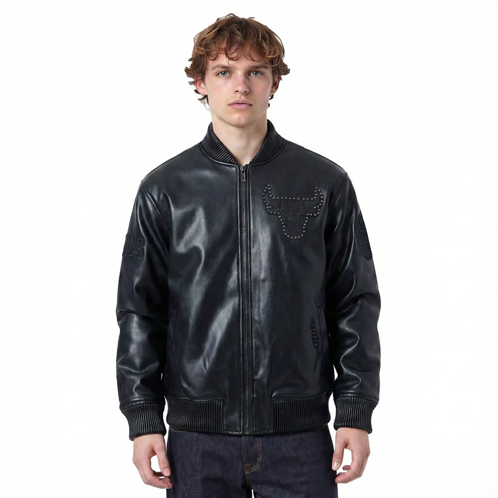 NBA CHICAGO BULLS BLACKOUT MEN'S LEATHER VARSITY JACKET (JET BLACK) - Image 2