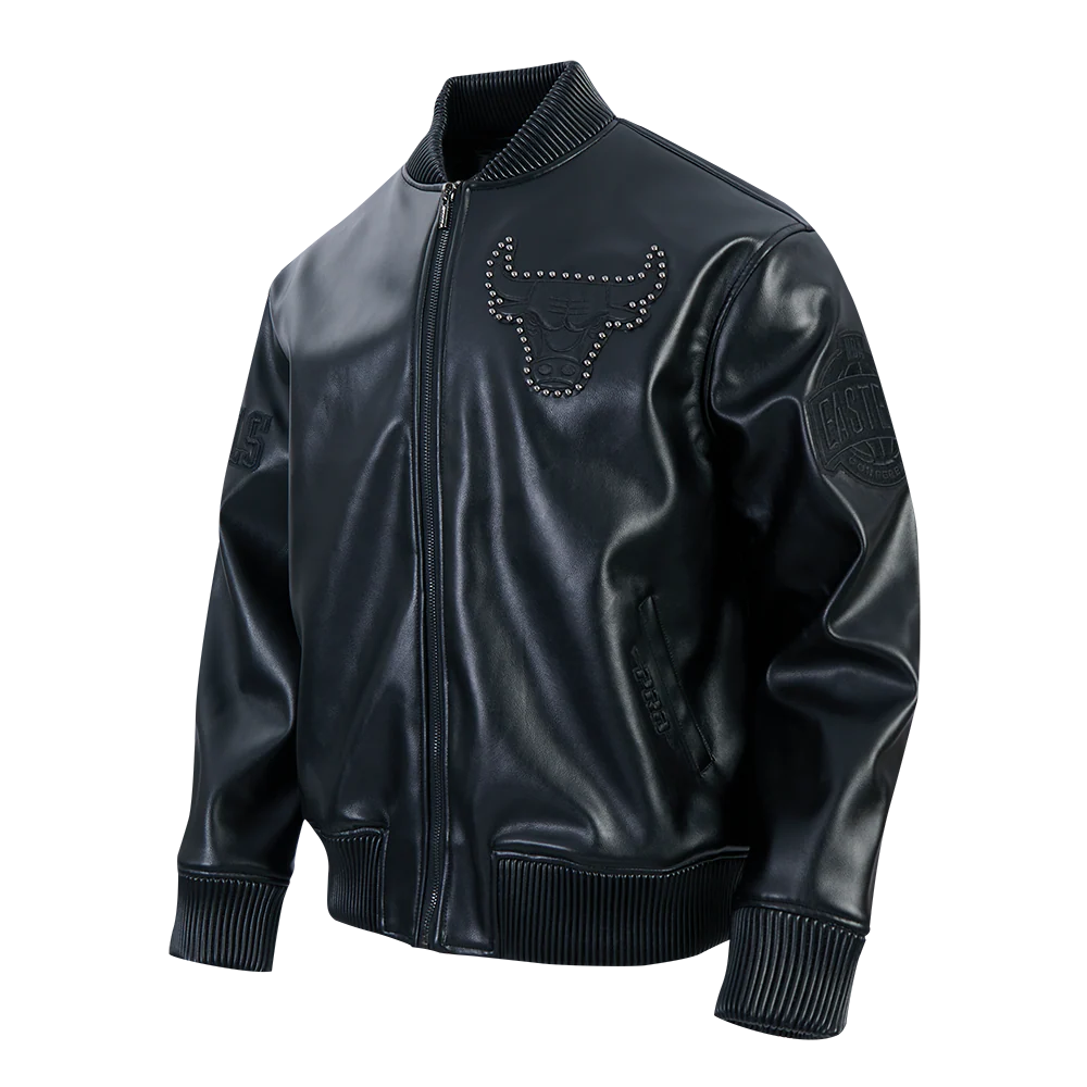 NBA CHICAGO BULLS BLACKOUT MEN'S LEATHER VARSITY JACKET (JET BLACK) - Image 3