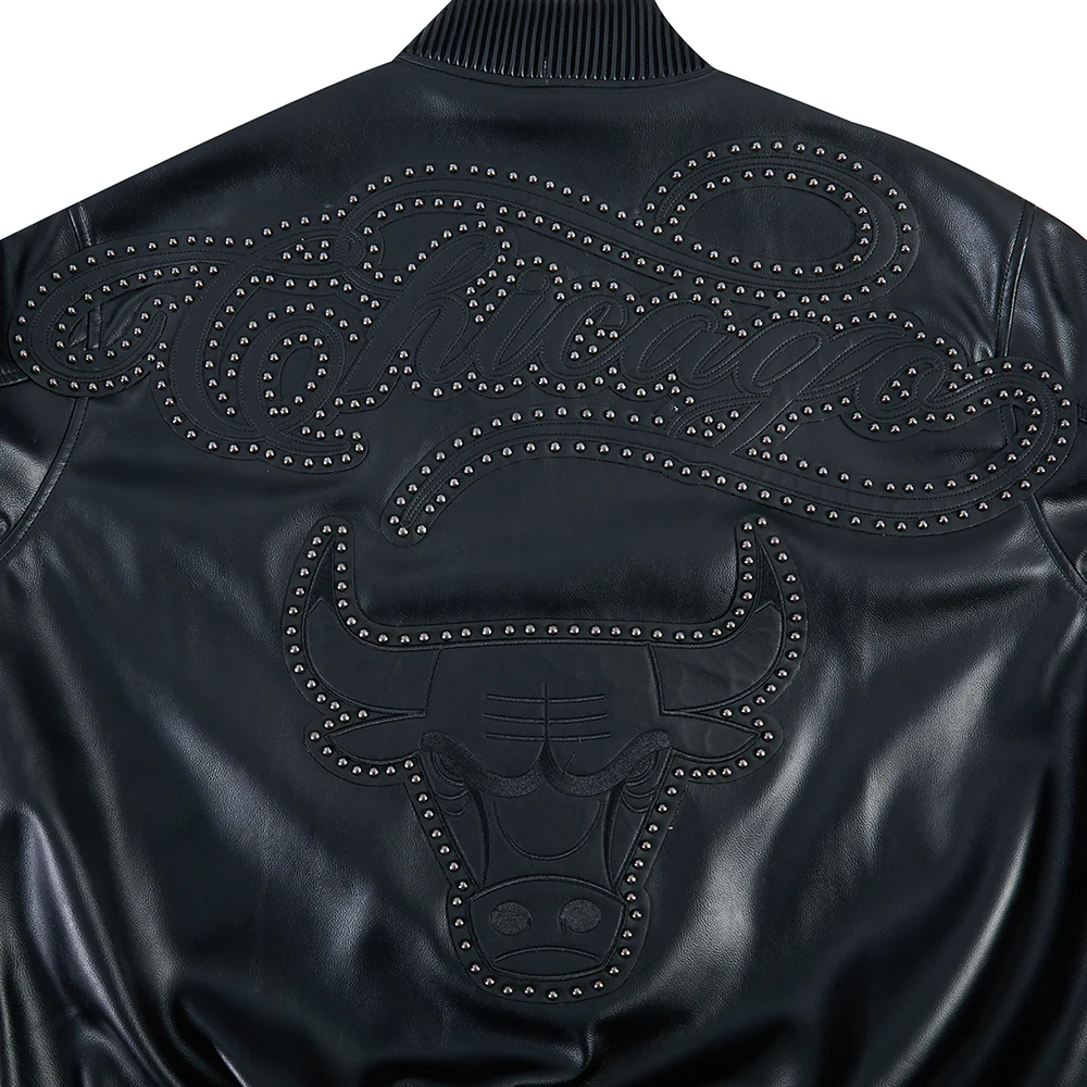 NBA CHICAGO BULLS BLACKOUT MEN'S LEATHER VARSITY JACKET (JET BLACK) - Image 9