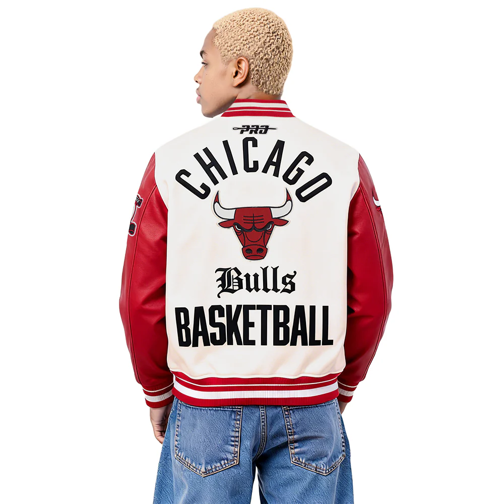 NBA CHICAGO BULLS MODERN ORIGINALS MEN'S RIB WOOL VARSITY JACKET (EGGSHELL/ RED) - Image 2