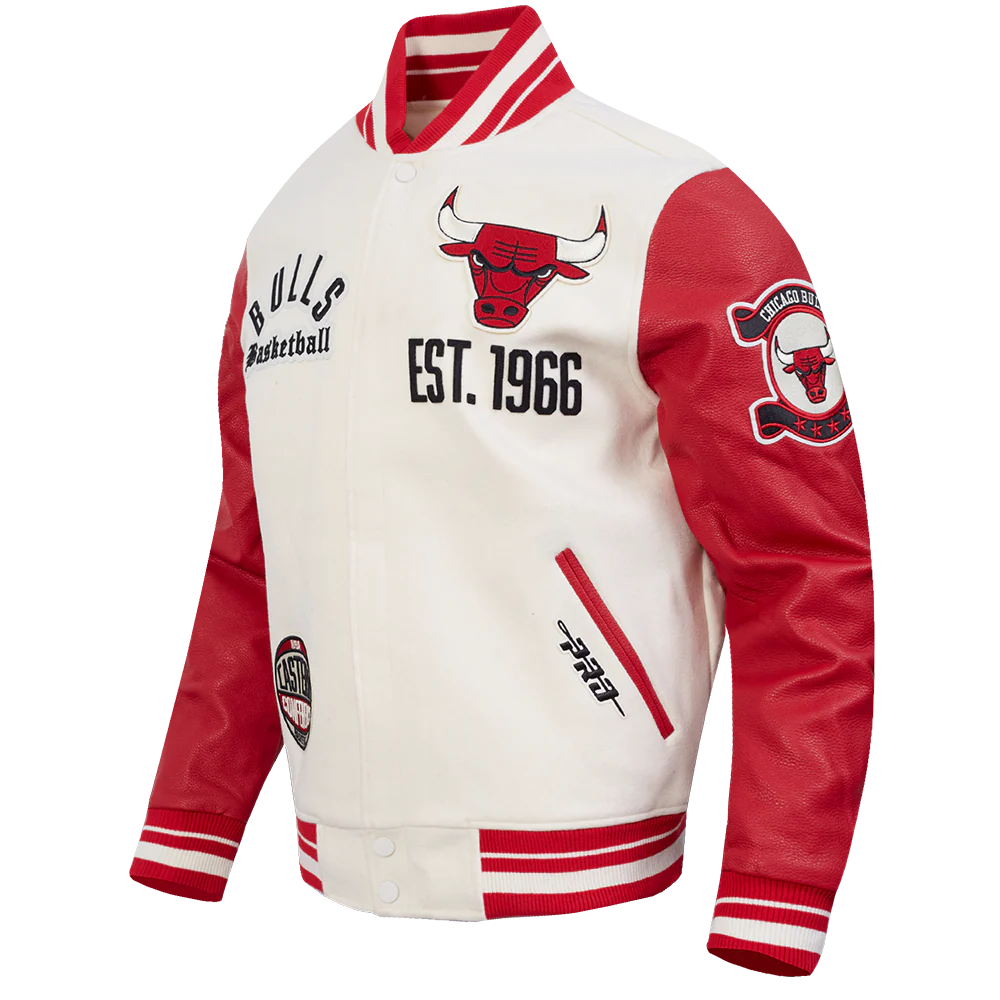 NBA CHICAGO BULLS MODERN ORIGINALS MEN'S RIB WOOL VARSITY JACKET (EGGSHELL/ RED) - Image 3