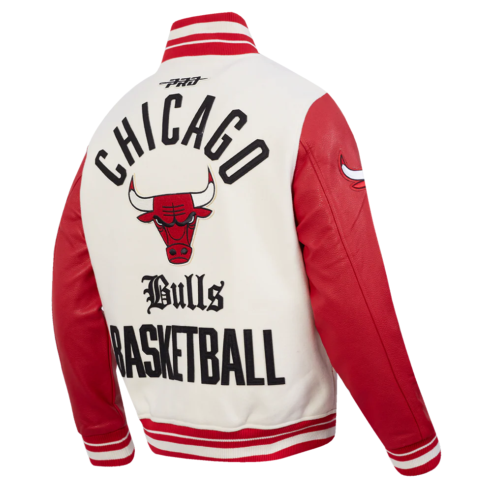 NBA CHICAGO BULLS MODERN ORIGINALS MEN'S RIB WOOL VARSITY JACKET (EGGSHELL/ RED) - Image 4