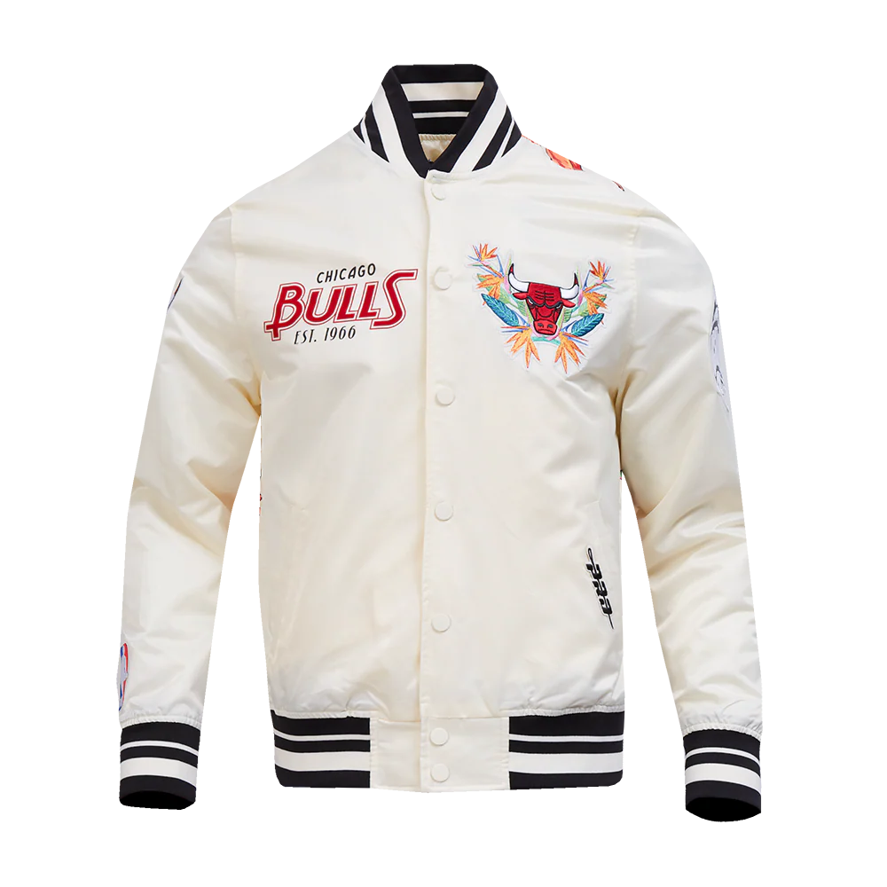 NBA CHICAGO BULLS PARADISE MEN'S SATIN JACKET (EGGSHELL/ BLACK) - Image 3