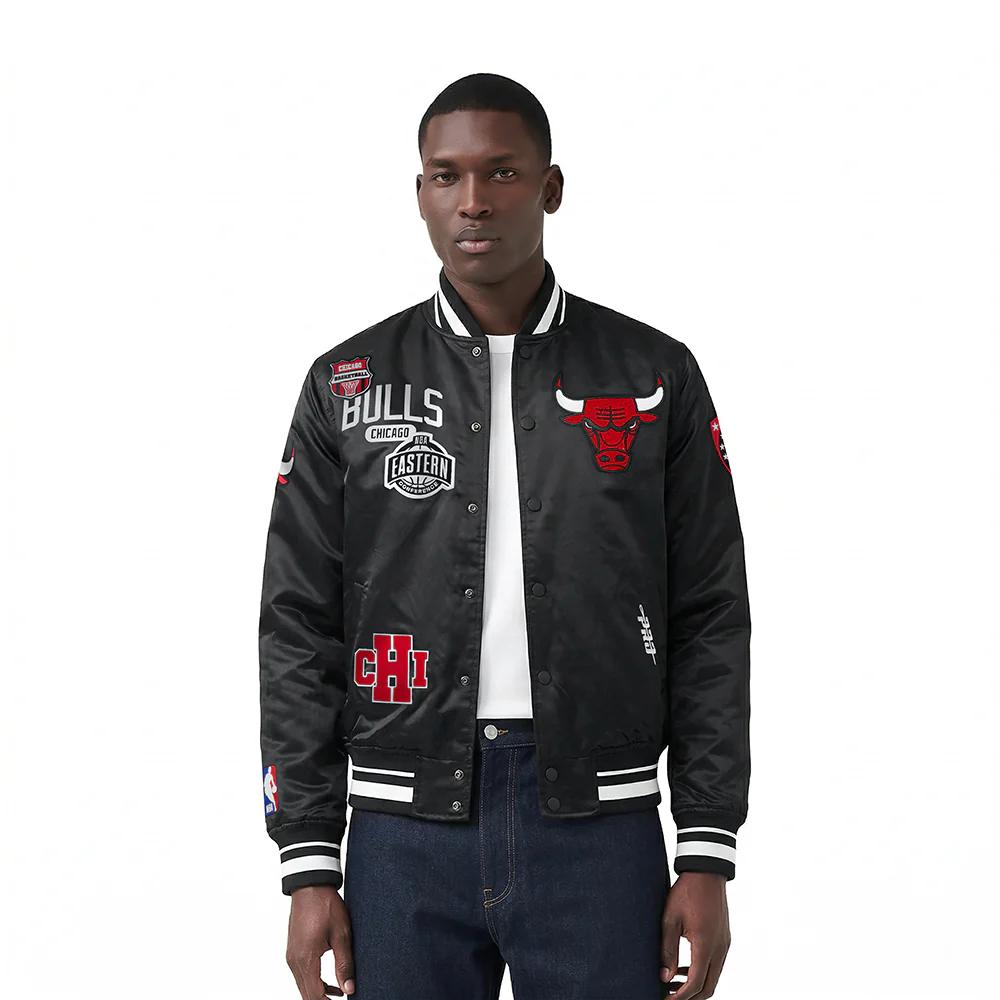 NBA CHICAGO BULLS LETTERMAN MEN'S SATIN JACKET (BLACK)