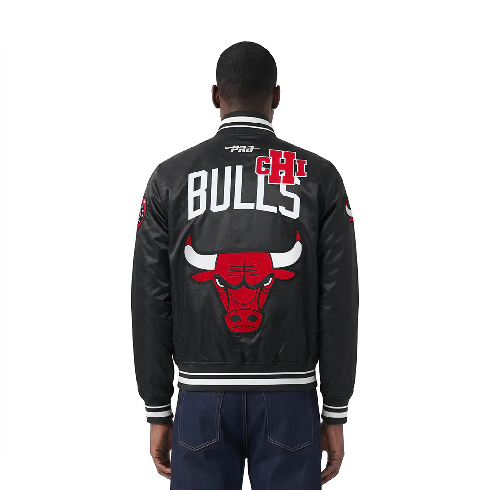 NBA CHICAGO BULLS LETTERMAN MEN'S SATIN JACKET (BLACK) - Image 2