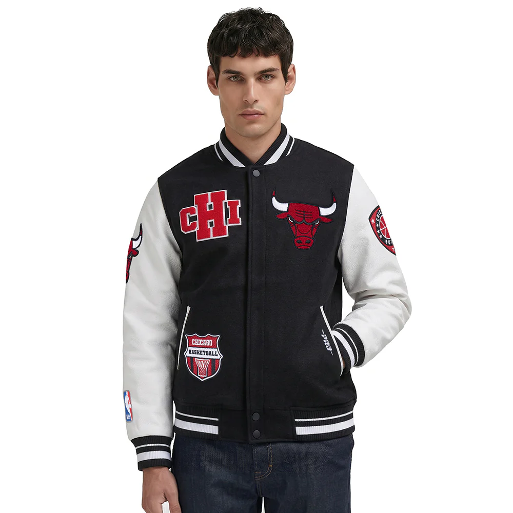 NBA CHICAGO BULLS LETTERMAN MEN'S VARSITY JACKET (BLACK/WHITE)