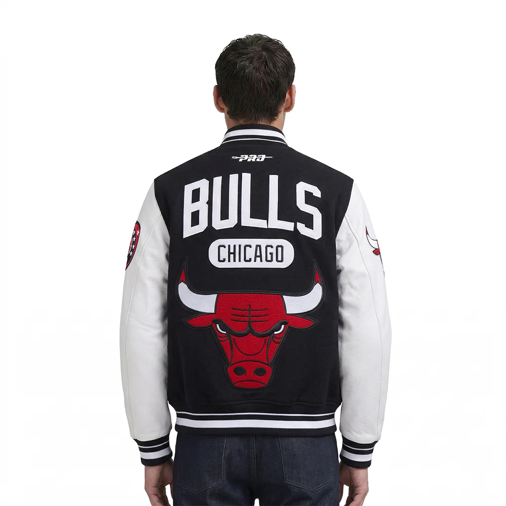 NBA CHICAGO BULLS LETTERMAN MEN'S VARSITY JACKET (BLACK/WHITE) - Image 2