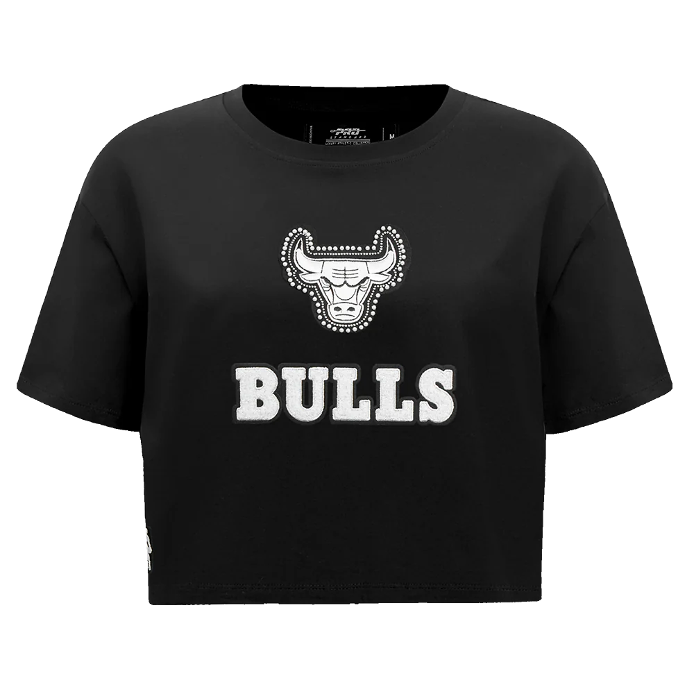 NBA CHICAGO BULLS PEARLS WOMEN'S SINGLE JERSEY BOXY TEE (BLACK)