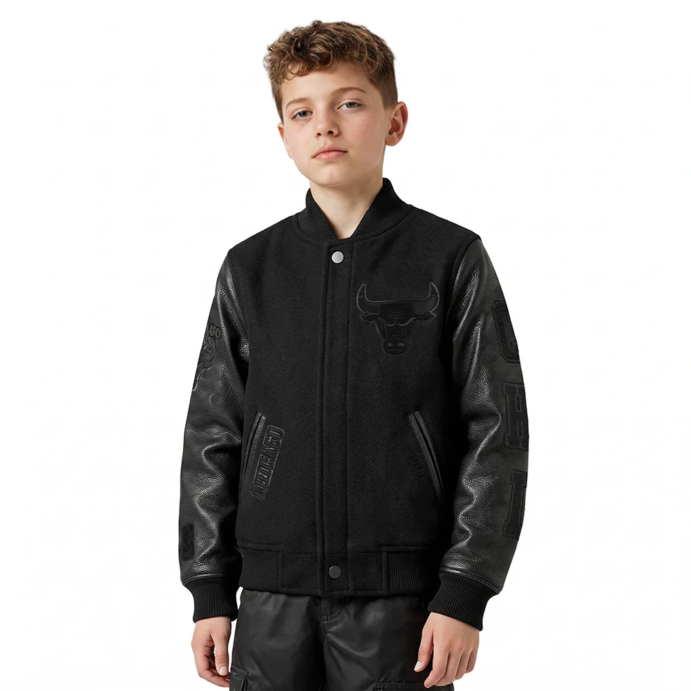 NBA CHICAGO BULLS TRIPLE BLACK BIG BOYS WOOL VARSITY JACKET (JET BLACK)