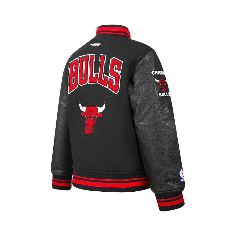 NBA CHICAGO BULLS RETRO CLASSIC BIG BOYS RIB WOOL VARSITY JACKET (BLACK/RED/BLACK) - Image 4
