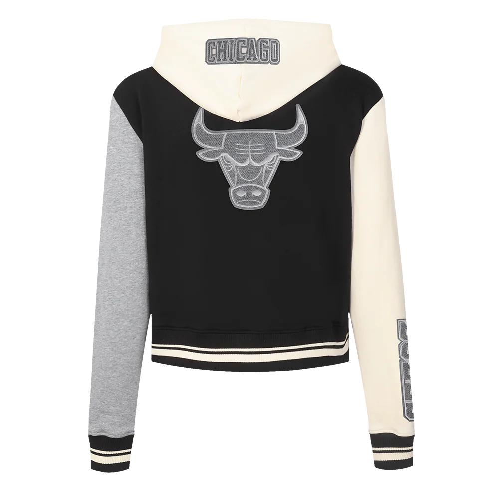 NBA CHICAGO BULLS REVERSE FRENCH TERRY WOMEN'S COLOR BLOCK FLEECE FULL ZIP HOODIE (BLACK/GRAY/EGGSHELL) - Image 3