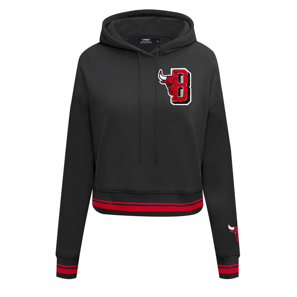 NBA CHICAGO BULLS MASHUP WOMEN'S RIB CROPPED PULLOVER HOODIE (BLACK/RED/BLACK) - Image 3