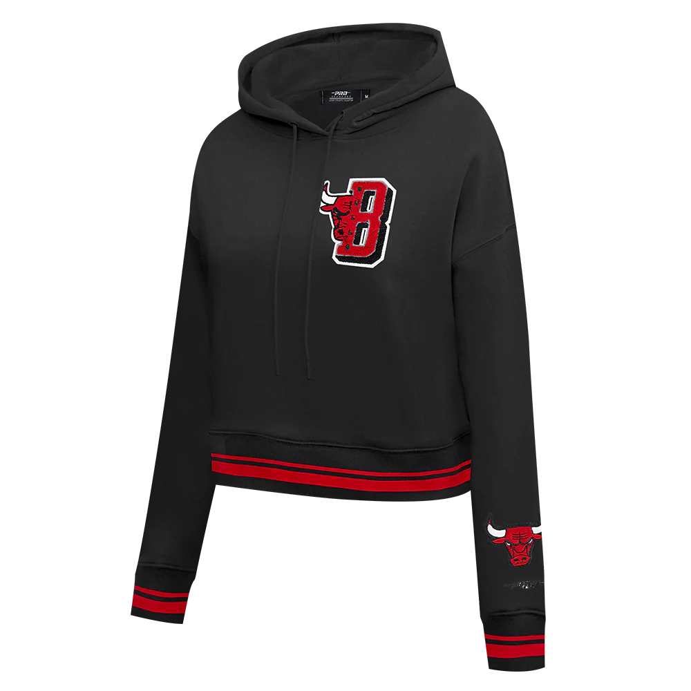 NBA CHICAGO BULLS MASHUP WOMEN'S RIB CROPPED PULLOVER HOODIE (BLACK/RED/BLACK) - Image 4