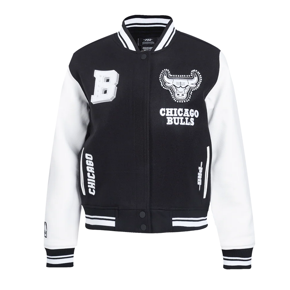 NBA CHICAGO BULLS PEARLS WOMEN'S RIB WOOL VARSITY JACKET (BLACK/WHITE)