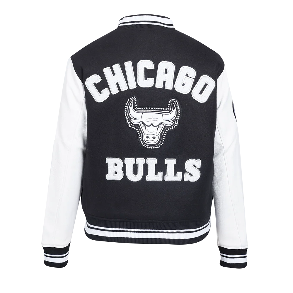 NBA CHICAGO BULLS PEARLS WOMEN'S RIB WOOL VARSITY JACKET (BLACK/WHITE) - Image 4