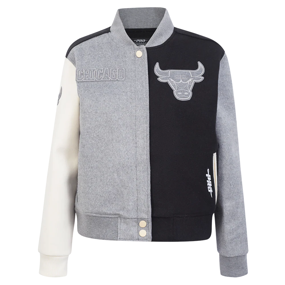 NBA CHICAGO BULLS REVERSE FRENCH TERRY WOMEN'S WOOL VARSITY JACKET (BLACK/GRAY/EGGSHELL)