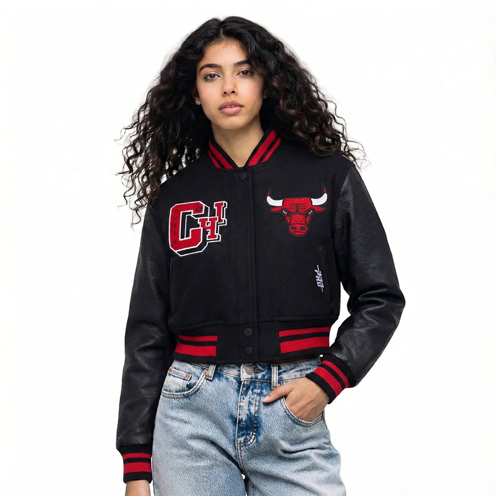 NBA CHICAGO BULLS BEST OF WOMEN'S CROPPED RIB WOOL VARSITY JACKET (BLACK/RED/BLACK) - Image 2