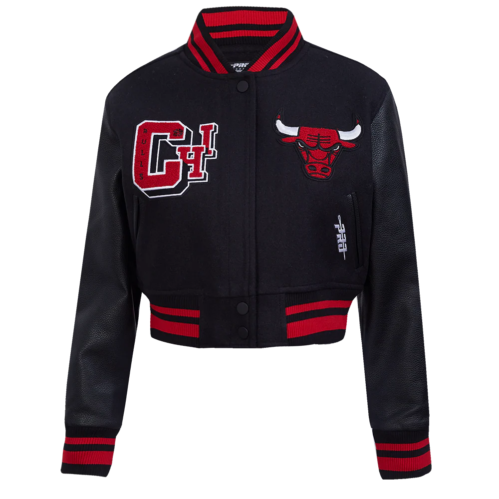NBA CHICAGO BULLS BEST OF WOMEN'S CROPPED RIB WOOL VARSITY JACKET (BLACK/RED/BLACK) - Image 3