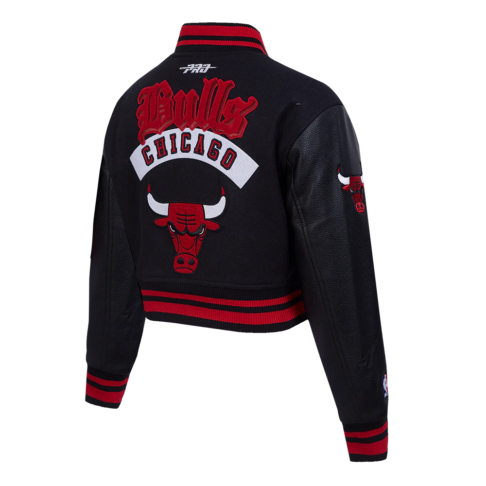 NBA CHICAGO BULLS BEST OF WOMEN'S CROPPED RIB WOOL VARSITY JACKET (BLACK/RED/BLACK) - Image 6
