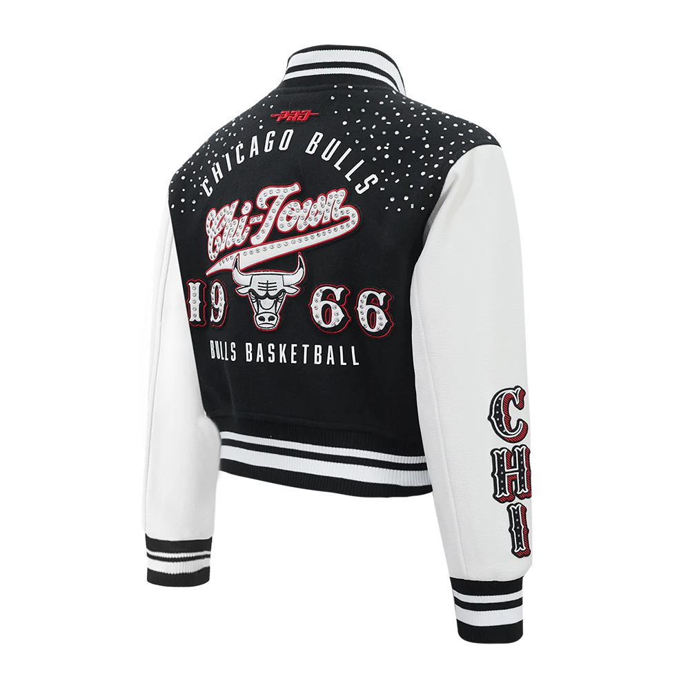 NBA CHICAGO BULLS LEGACY WOMEN'S CROPPED RIB WOOL VARSITY JACKET (BLACK/WHITE) - Image 4