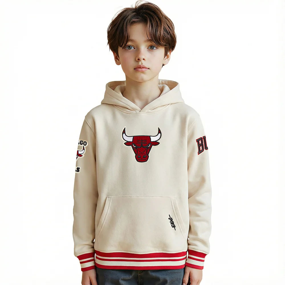 NBA CHICAGO BULLS RETRO CLASSIC LITTLE BOYS RIB FLEECE PULLOVER HOODIE (EGGSHELL/ RED)